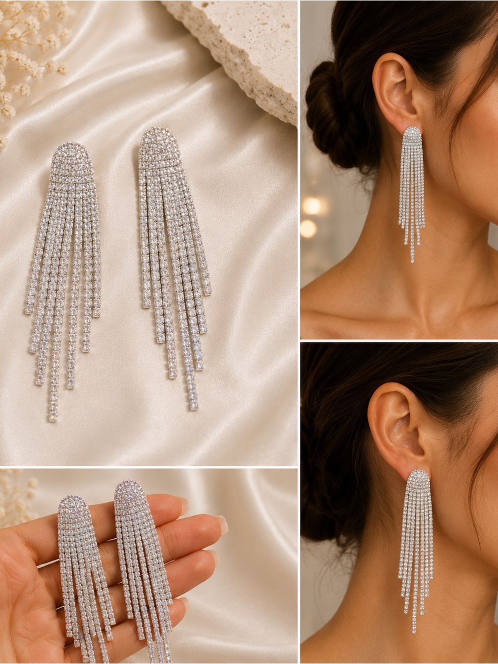 Silver Rhinestone Crystal Tassel Drop Earrings | Sparkly Statement Earrings